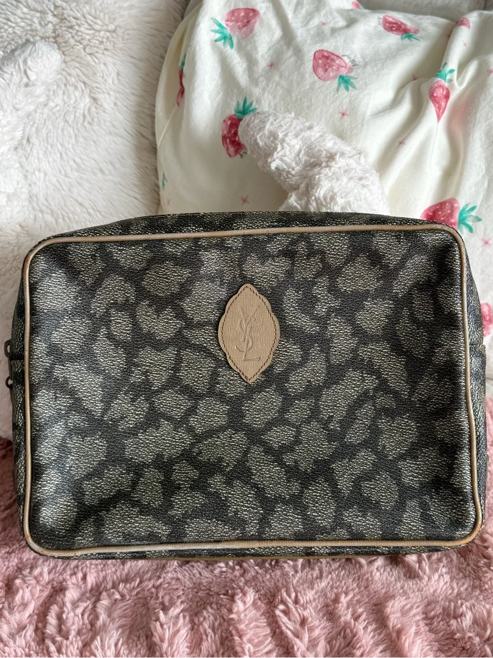 Vintage YSL Yves Saint Laurent animal, print cosmetic toiletry pouch clutch
